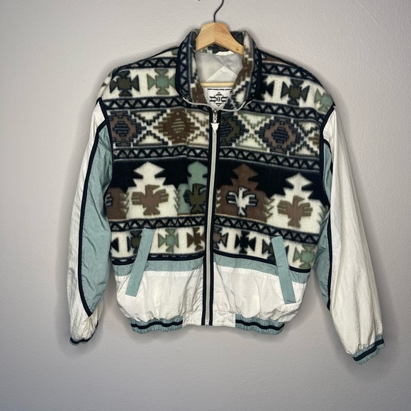 Vintage Jackets & Blazers - Vintage East West Aztec Teal Brown White Fleece Nylon Windbreaker Size Medium